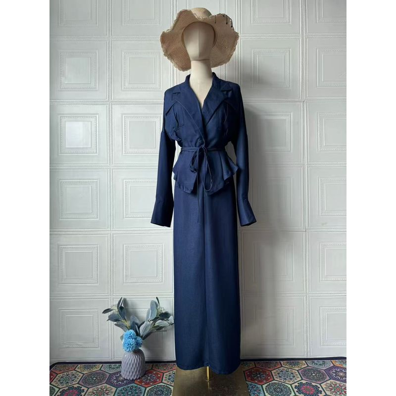 

Fashion New Arrival Casual Lace-up Cardigan Tops Skirt Suit Cardigan Top and Skirt Set Navy S