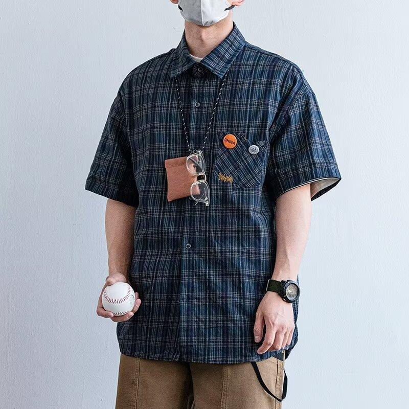 

Клетчатая полосатая летняя рубашка с тонким воротником и короткими рукавами, повседневная свободная мужская и женская рубашка с рукавом пять четвертей, модная брендовая рубашка 2XL синий