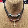 Ethnic Jewelry Leather Tribal Necklace with Crucifix Pendant for Women Men Gift