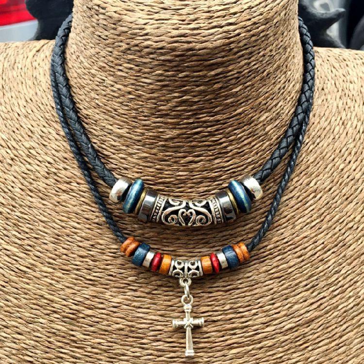 Ethnic Jewelry Leather Tribal Necklace with Crucifix Pendant for Women Men Gift