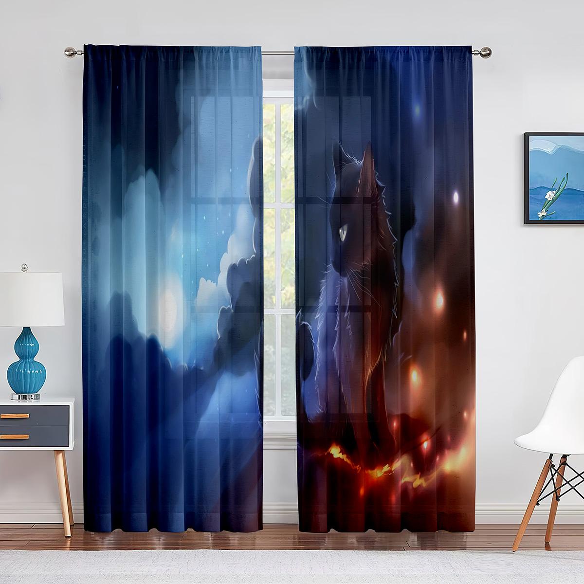 Прозрачные шторы с милым котом в стиле фэнтези для гостиной — фото 7