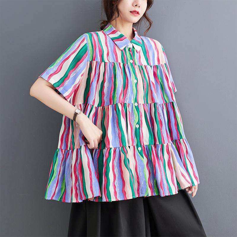 XITAO Print Patchwork Women Striped Shirt New DMJ1407