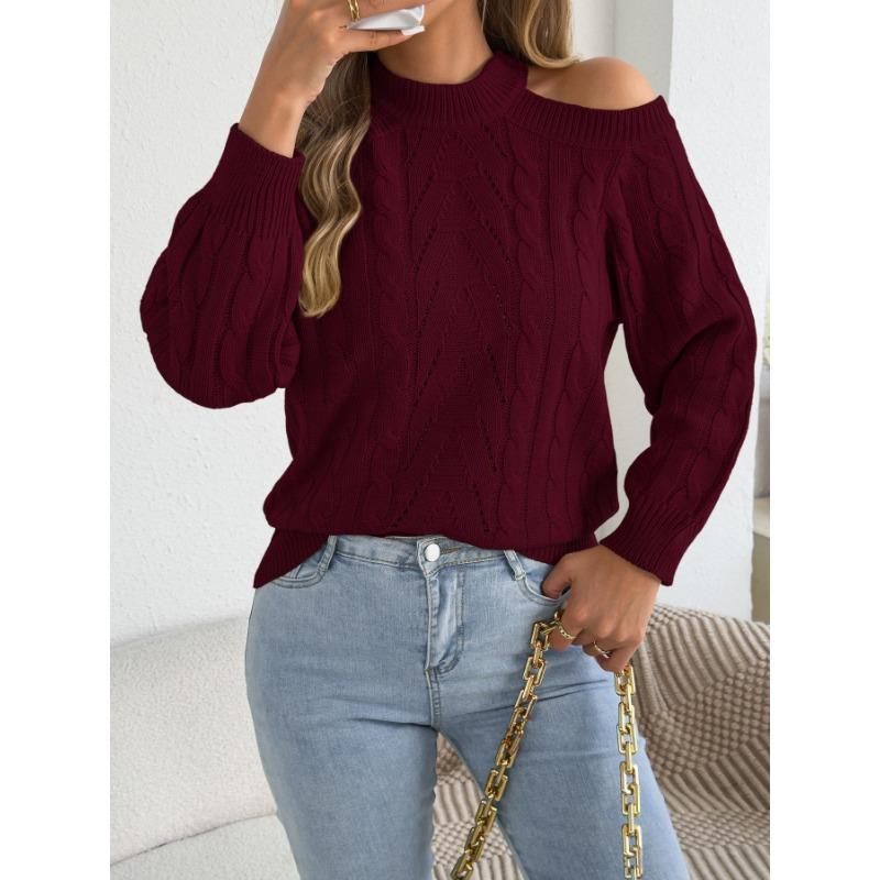 Womens Casual Solid Off Shoulder Long Sleeve Pullover Sweater