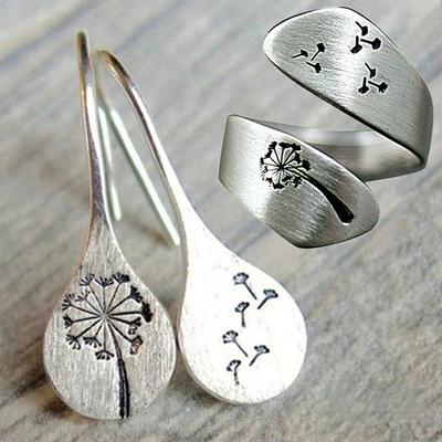 Femmes Vintage Boucle D'oreille Pissenlit Design Style Classique Élégant Boucle D'oreille Pissenlit Spirale Ouverture Et Anneau De Doigt Réglable Ensemble De Bijoux
