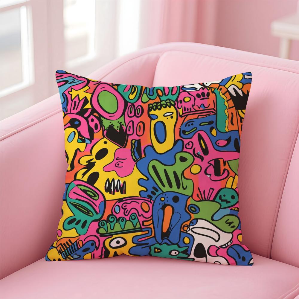 Cute Graffiti Funy Abstract Art  Cushion Cover Linen Pillowcase Cover Soft Decor for Sofa Home Room