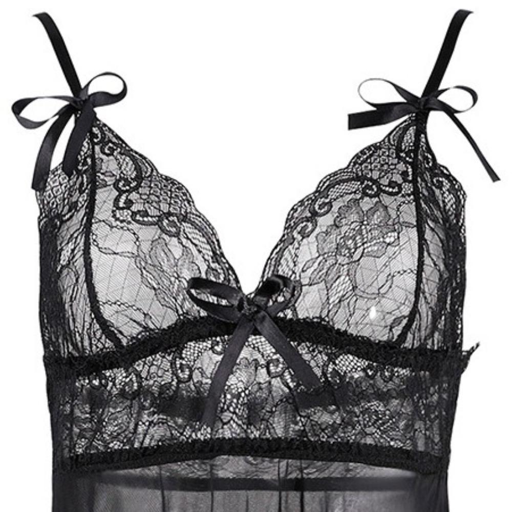 Transparent Bow Deep V Lace Skirt Nightgown Sexy Lingerie Dress Sexy Clothing Lace Skirt  Ladies