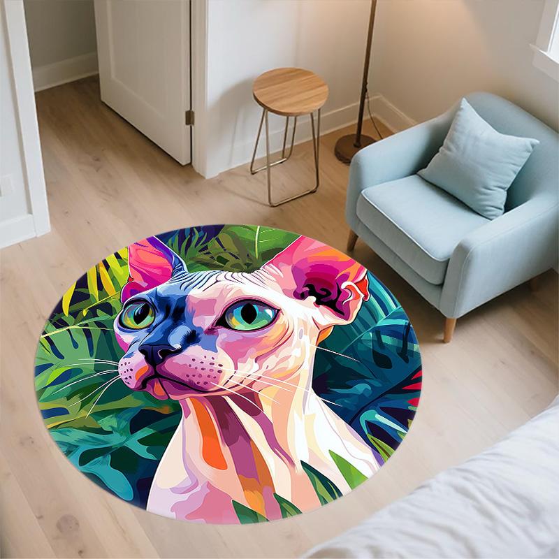 Sphynx Cat In Grass,Round Area Rug,Carpet Rug for Living Room Bedroom Sofa Playroom Decor,Non-slip Floor Mat
