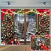 7x5ft Christmas Backdrop - Xmas Window Photography Backdrop - Winter Dream Wonderland Snow Tree Red Curtain Christmas Festival Party Banner