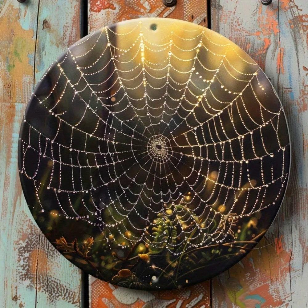 Sparkling Spider Web Metal Wall Art Halloween Decor for Home Garage Cat Cafe