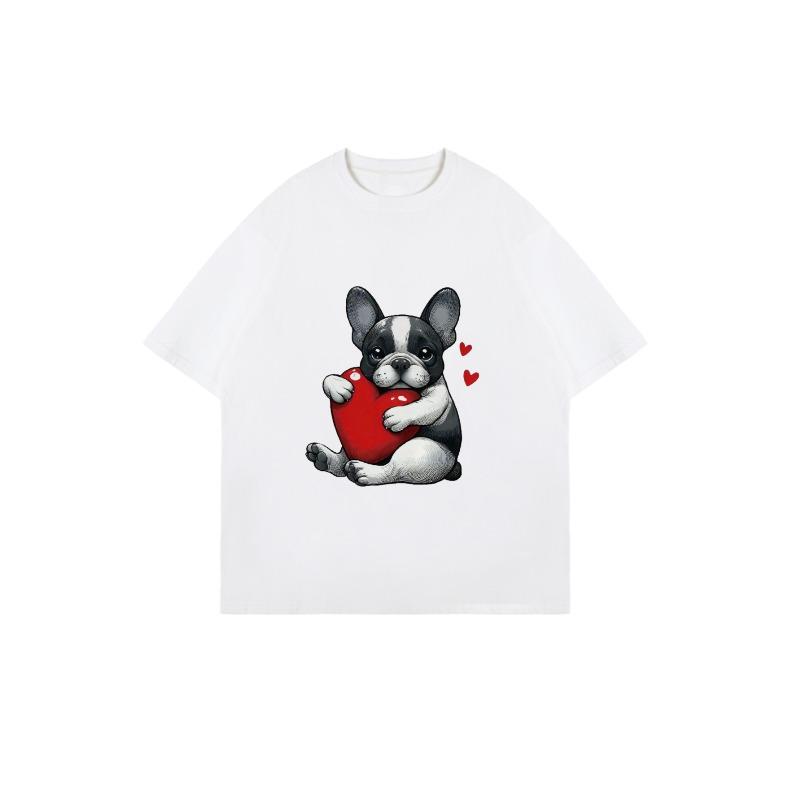 Oversized T Shirt Black French Bulldog Holding Heart Print Casual Wear For Women And Girls Summer Outfit Cute Animal Design Valentine Day Gift Idea