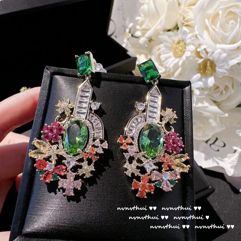 Vine Mermaid Tears Apple Emerald Water Drop Earrings, Lemonade Pear Plated 18K Gold Olive Green Zircon Flower Earrings