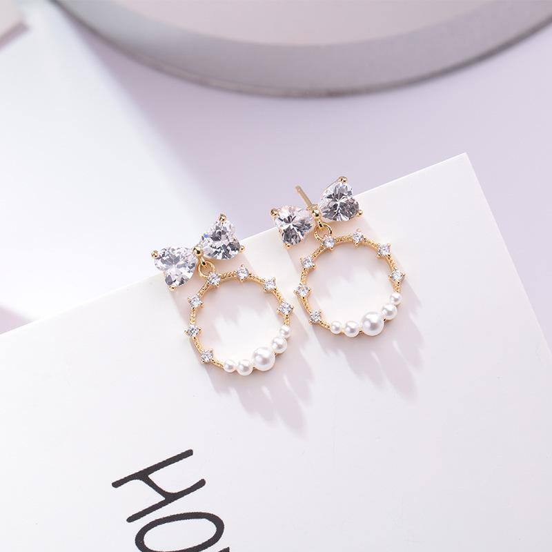 925 Silver Needle Temperament High-end Full Diamond Pearl Earrings Women's ins Wind Geometric Earrings Korean Light Luxury Earrings