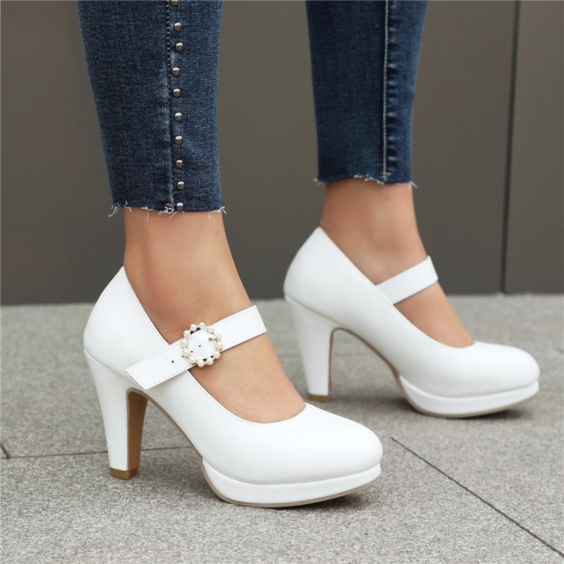 Enkeltsko med høye hæler for kvinner vår og høst nye enkel vanntett plattform tykk hæl grunt munn stor størrelse fire årstider sko