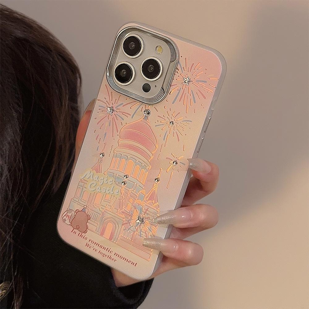 Girl Cartoon Firework Castle Suitable for IPhone15 Mobile Phone Case 13 Laser Apple 14 Promax Hair Ball Rope 16