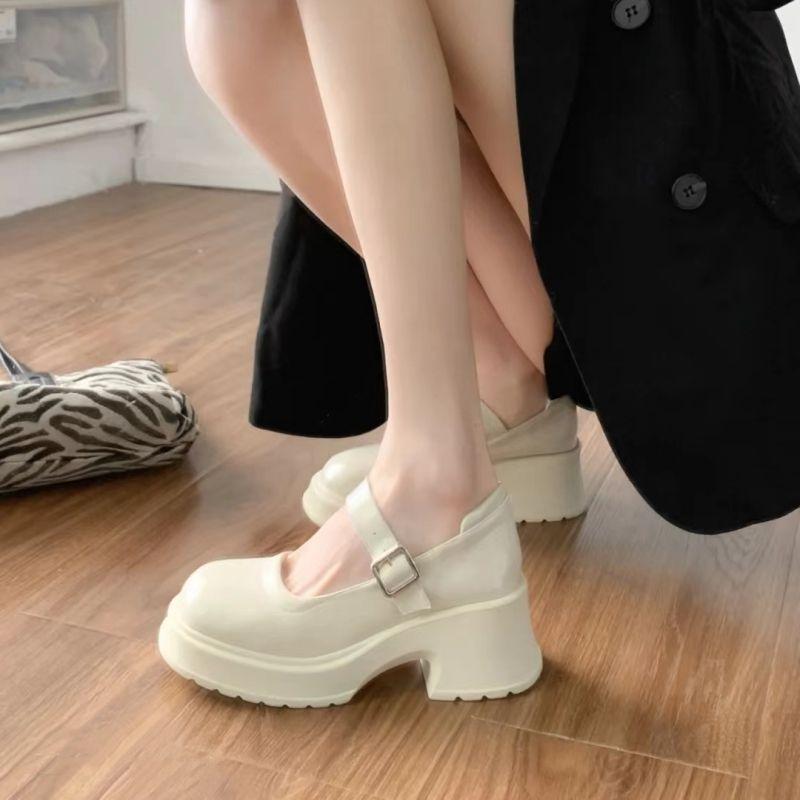 

Туфли Мэри Джейн на платформе женские белые толстые высокие каблуки одинарные туфли небольшой подъем с юбкой маленькие кожаные туфли 40