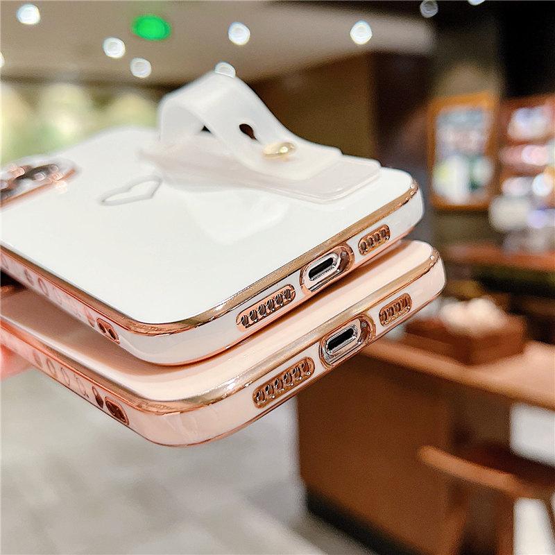 Wrist Strap Love Heart Phone Case For Iphone 13 11 12 14 Pro Max 13pro 11 14max Shockproof Bumper Soft Electroplated Back Cover