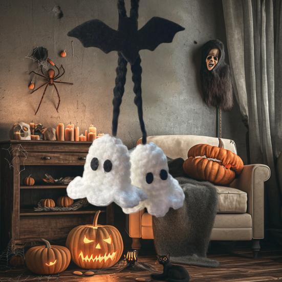 1 Pair Cartoon Ghost Pendant Crochet Car Mirror Hanging Accessories