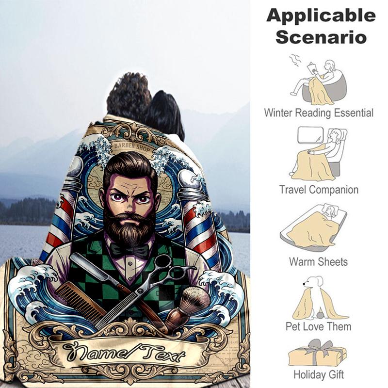 1PC Custom Name Barber Shop Vintage flannel blanket versatile,all-season throw suitable for the living room,bedroom,camping,travel,and gift