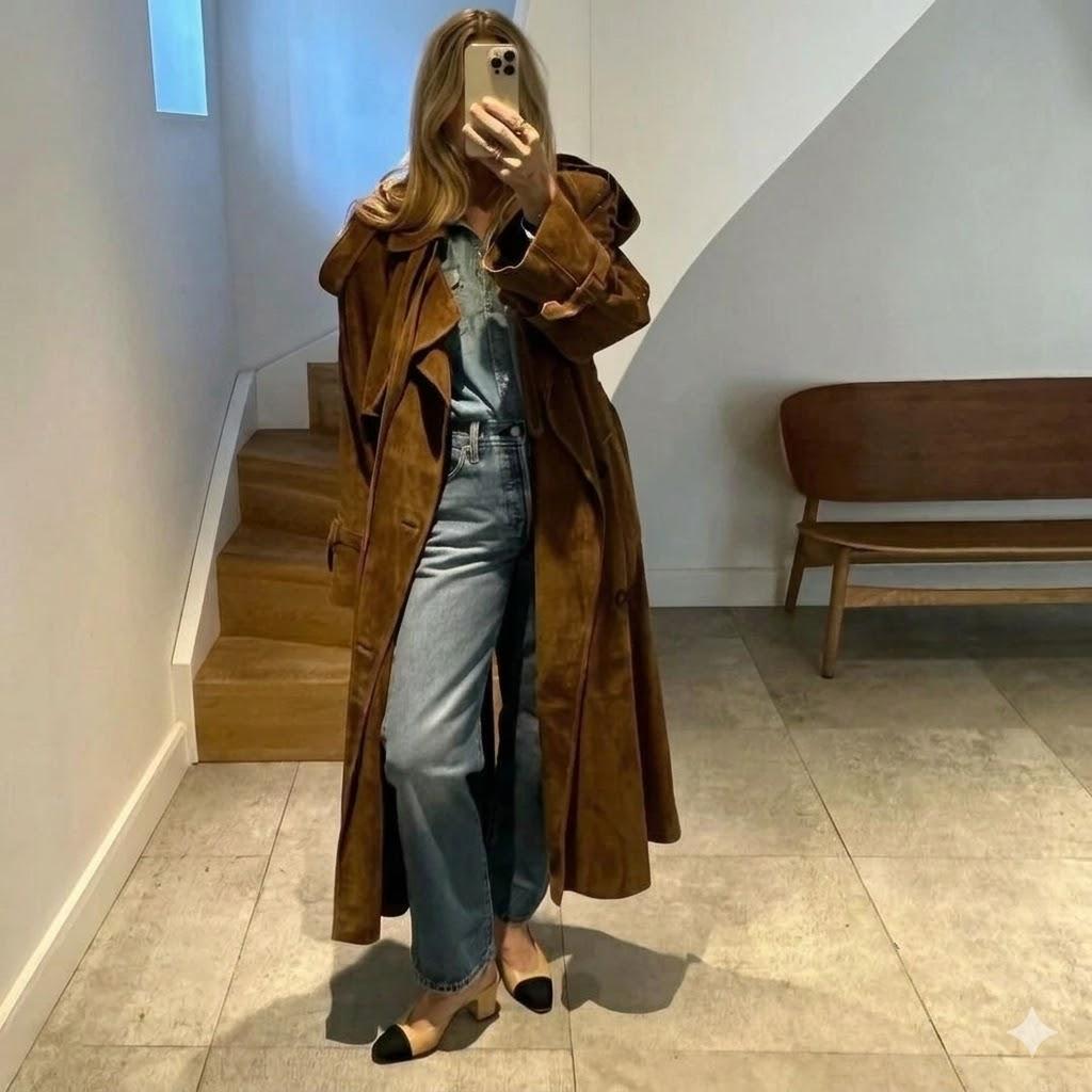 

Women s Brown Handmade Trench Coat Party Genuine Casual Suede Lambskin Leather 3XL коричневий