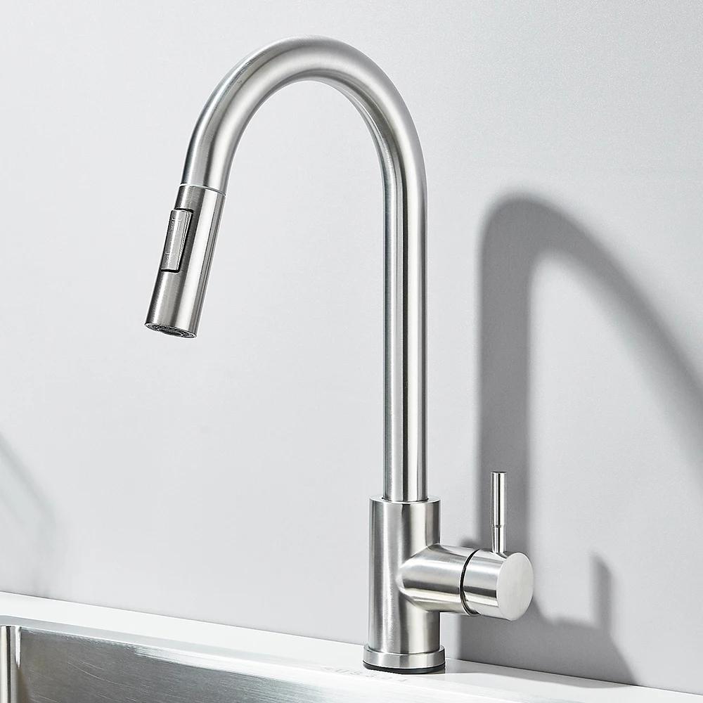 Chrome-plated/brushed pull-out kitchen faucet, 360° rotating kitchen mixing faucet, suitable for sinks, hot and cold water.