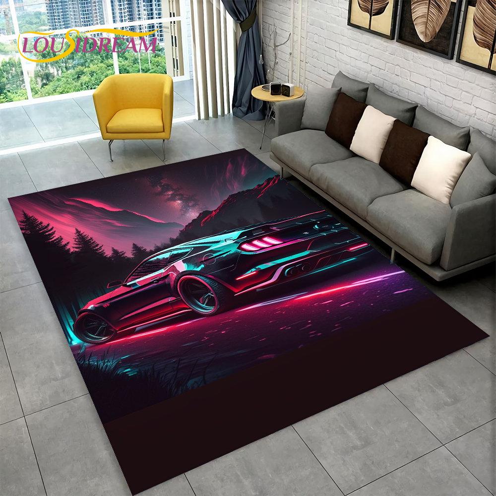 Großer Teppich mit Rennsportwagen-Motiv, Teppich für Zuhause, Wohnzimmer, Schlafzimmer, Sofa, Fußmatte, Dekoration, rutschfeste Bodenmatte für Kinder, Küche