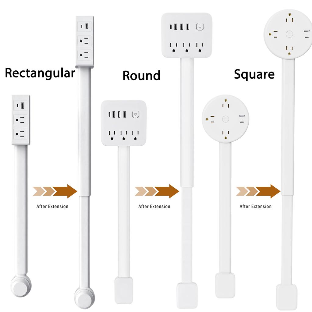3 Style Retractable Sockets in Various Shapes US Plug Power Strip with AC Outlets USB Port(USB-A/C),Adjustable Electrical Outlet Extender Stick,Multi