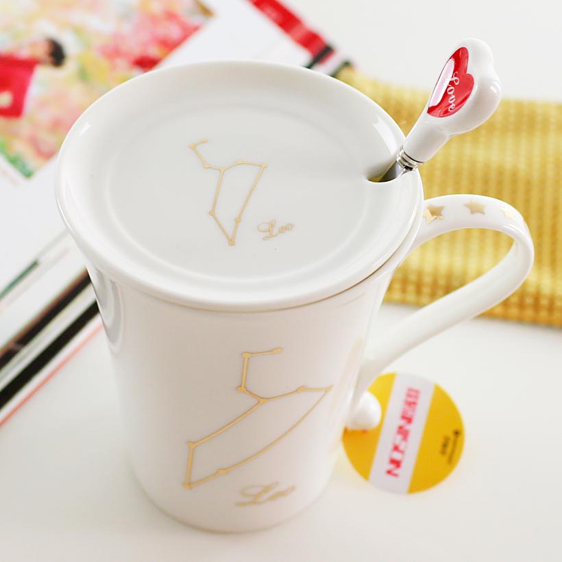 Tierkreiszeichen Keramiktassen-Set: Stilvolle Sternbild-Tasse für Zuhause, Paare, Kaffee und Tee, komplett mit Deckel und Löffel.