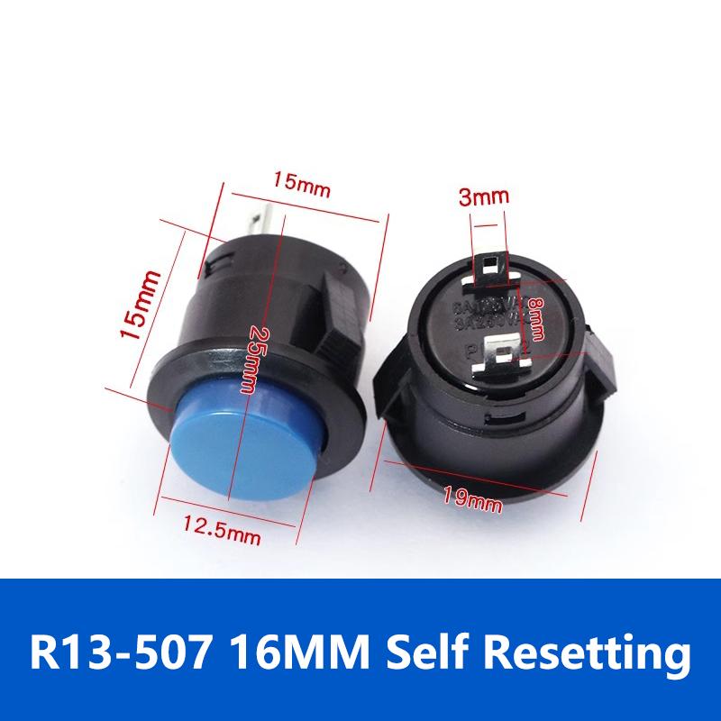 5/20PCS R13-507 Snap on Button Inching Switch 16MM Round Lockless Self Reset Switch Panel Mounting 3A125V/1.5A250VAC