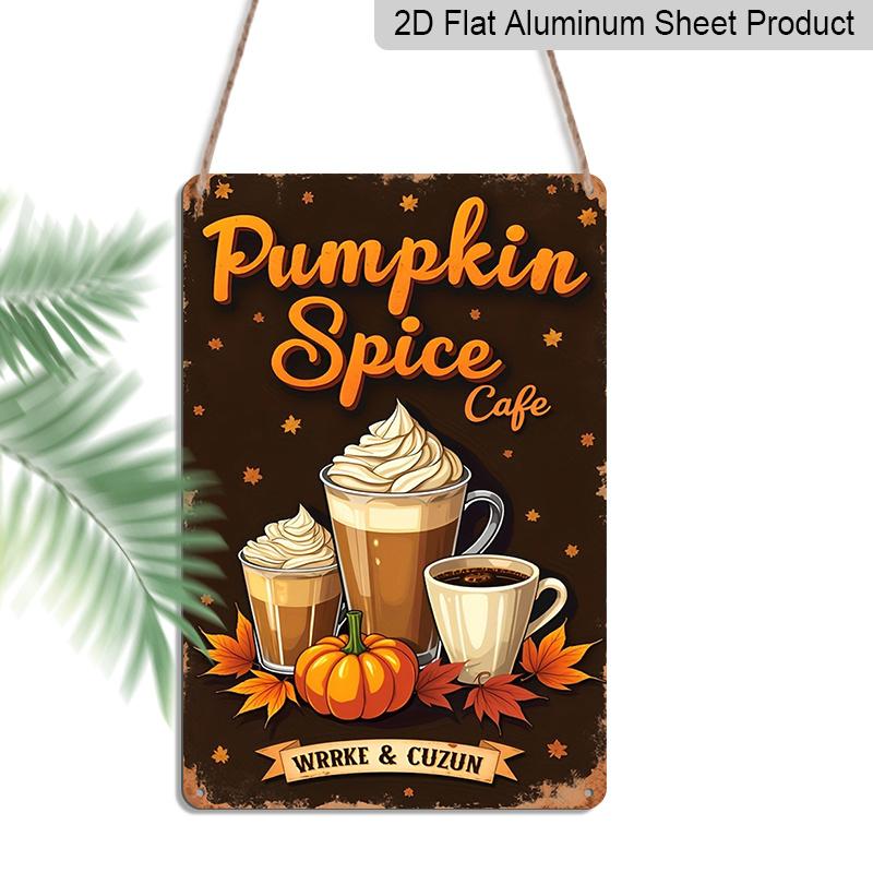 2D Flat Pumpkin Spice Cafe Vintage Metal Sign - 8.0x12.0inch Aluminum Wall Art, Retro Fall Coffee Shop Decor with Latte Pumpkin Maple Leaves