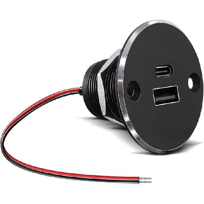 12V USB Outlet All-Aluminum QC 3.0 USB-A & USB-C PD3.0 Dual High-Speed Charger Socket, Recessed Mount Type-A Type-C Port for Camper Van Trailer RV