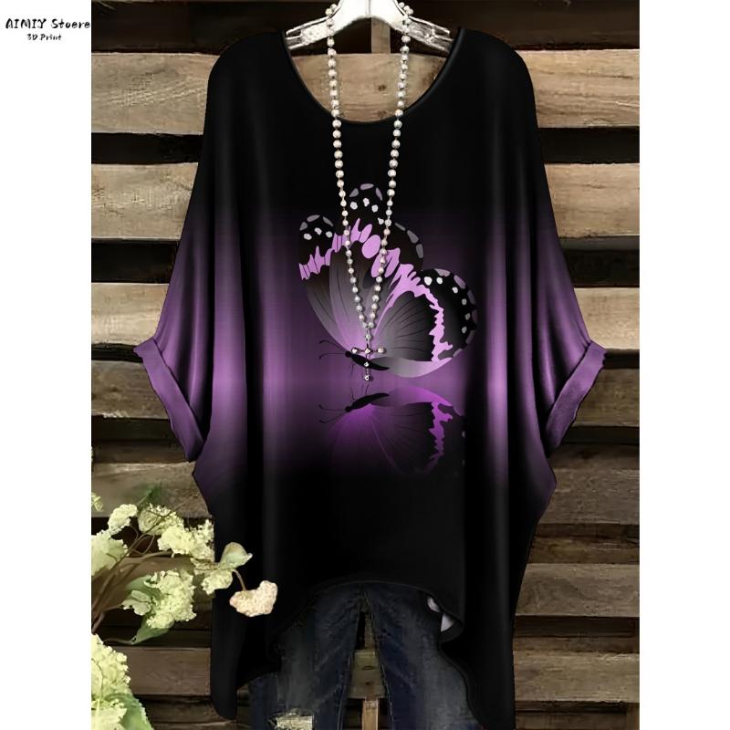 2025 Elegancki Bohemian Damski T-shirt Kwiatowy Motyl Nadruk Asymetryczny Dół Okrągły Dekolt Wszechstronny i Nadający się do Prania w Pralce Lato