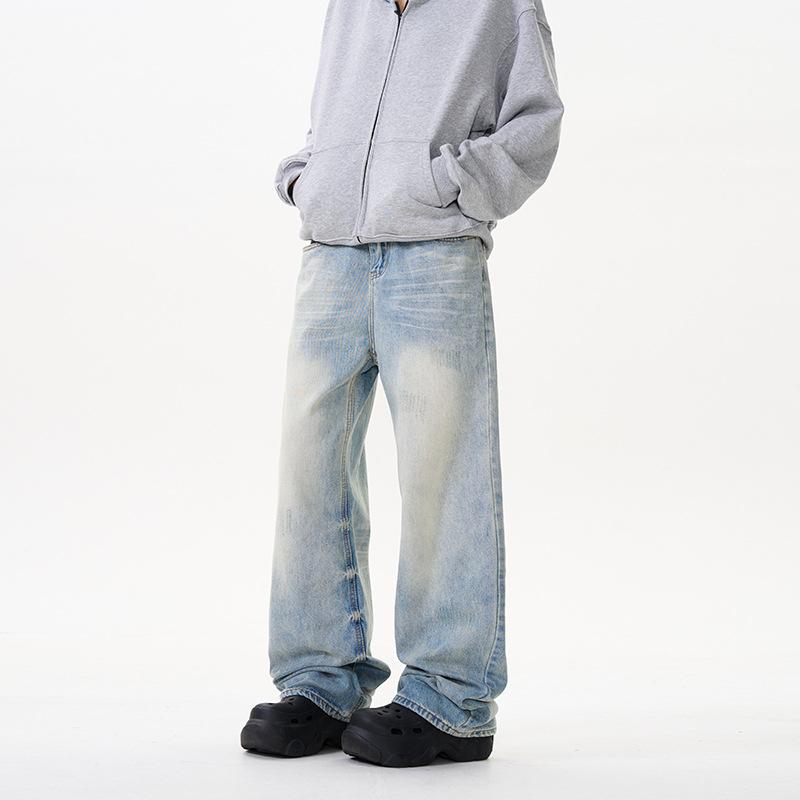 Amerykańska ulica główna Dżinsy z kwiatowym nadrukiem Męskie i Damskie takie same Luźne Draperowane Spodnie z szerokimi nogawkami