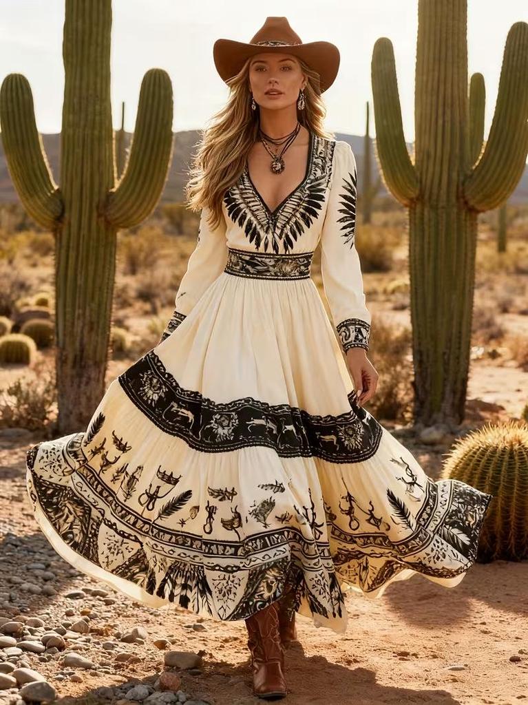 2026 Women's Spring/Summer V-Neck Long Sleeve Dress with Creative Pattern Background