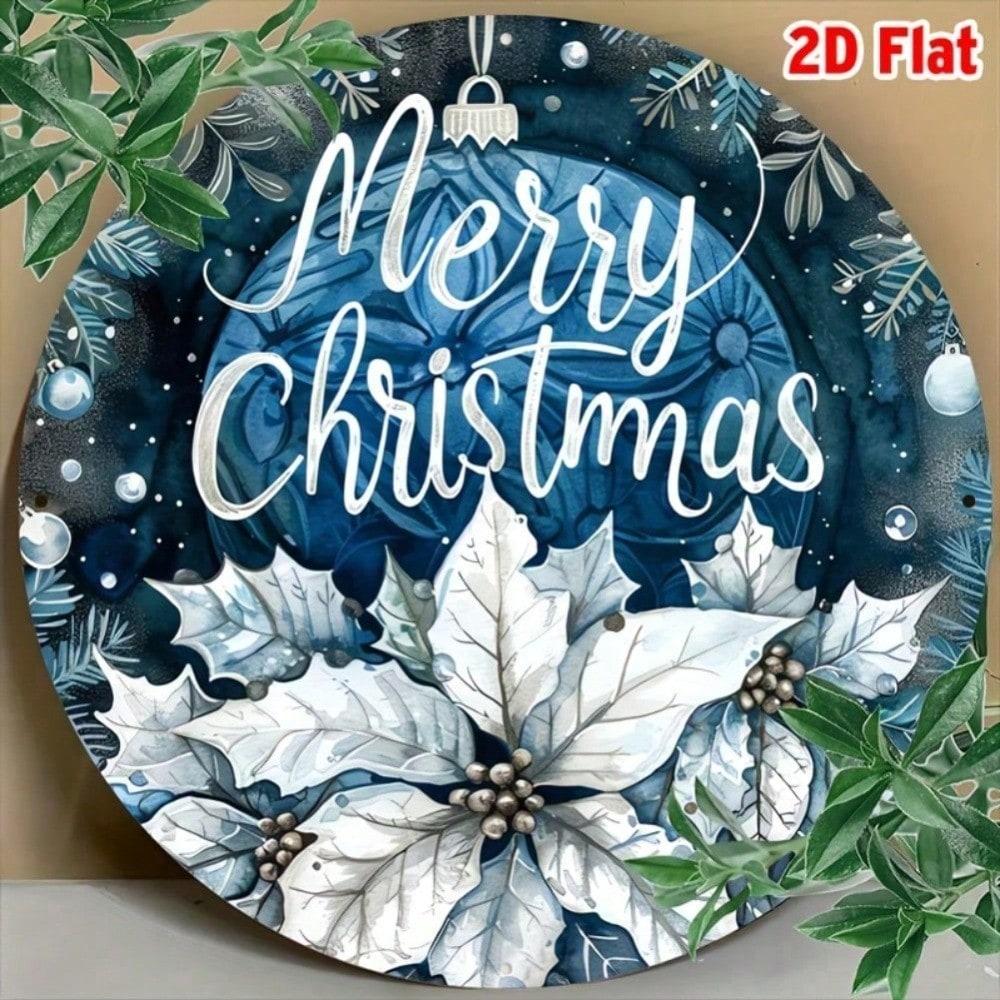 

Vintage Round Metal Tin Sign Christmas 8 Inch Holiday Wreath with Holly Berries Snowflakes Dark Blue Background 20x20 разноцветный