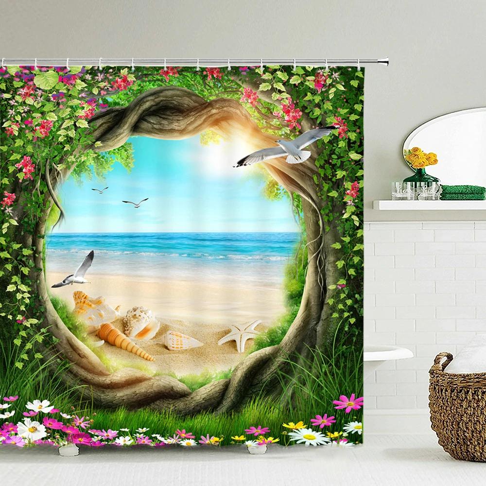 Green Scenery Shower Curtain with Hooks, Waterproof Bathroom Partition, Weighted Bottom Reinforced Eyelets & Easy To Clean
