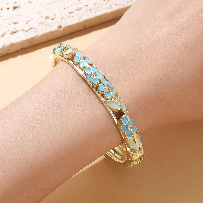 Vintage Enamel Dropped Glaze Flower Diamond Bangle for Women Copper Metal Hand Bracele Fashion Luxury Jewelry Gifts