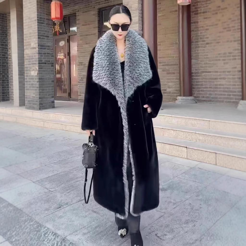 Mink Coat Women's Slim Fit Long Style Super Fox Fur Collar Whole Mink Fur Coat