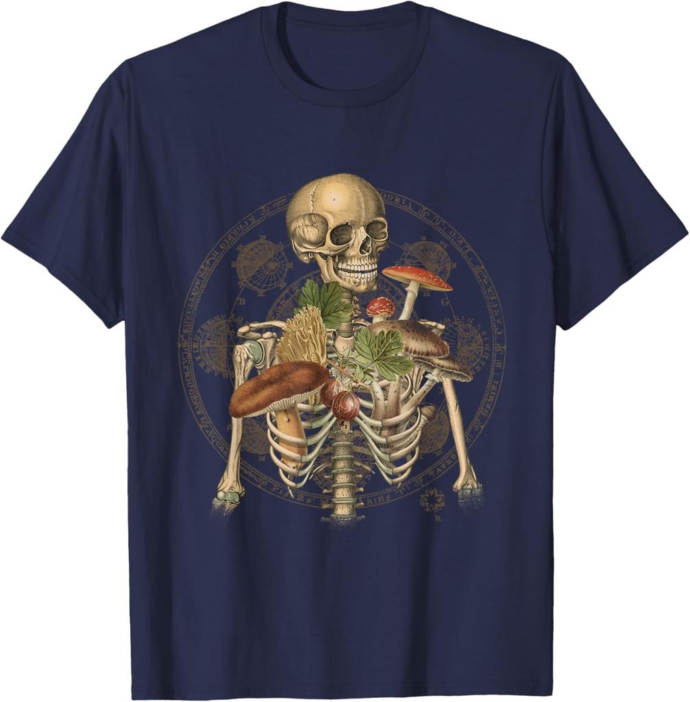 Skeleton With Mushrooms Goblincore Mycologist Fungi Graphic Tee Cotton Casual Trip T-Shirt