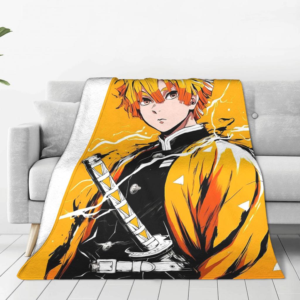 Flannel Throw Blanket Demon Slayer Kimetsu No Yaiba Japanese Agatsuma Zenitsu Anime Blankets Soft Bedspread for Bed Home Travel