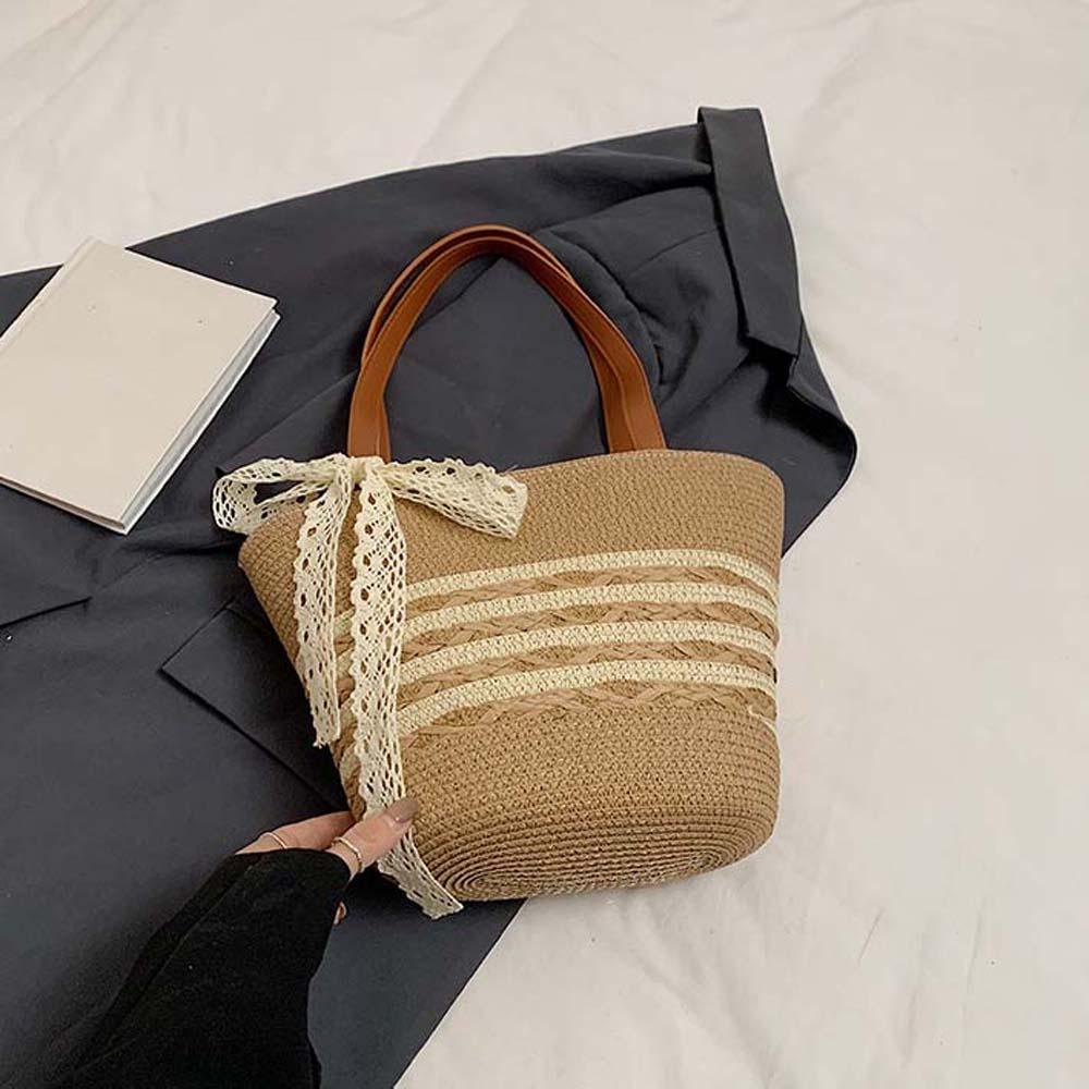 Ladies Stripe Straw Handbag for Vacation Beige Khaki Large Capacity Woven Tote Bag Women Summer Beach Underarm Bag