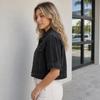 Women's Short Sleeve Denim Jacket with Puff Sleeves and Lapel Collar, Single-Breasted, Pockets
