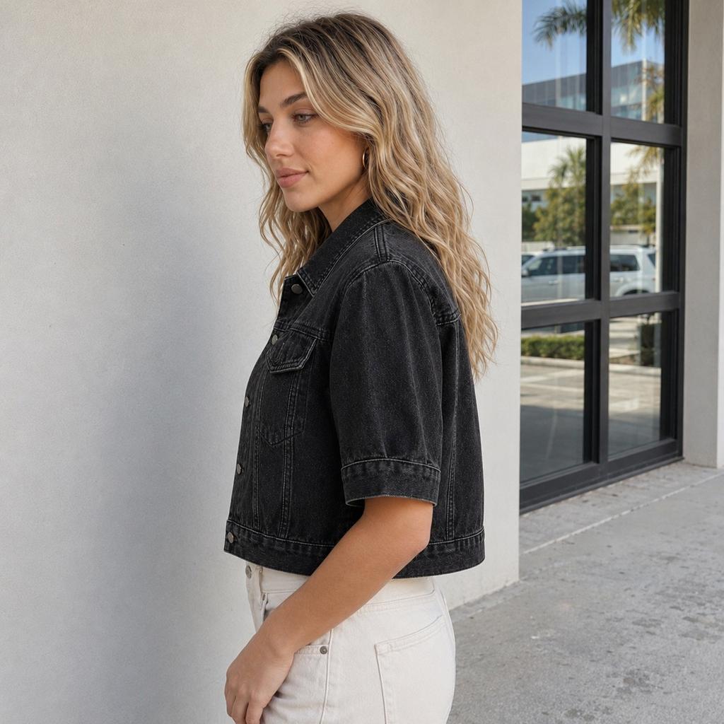 Women's Short Sleeve Denim Jacket with Puff Sleeves and Lapel Collar, Single-Breasted, Pockets