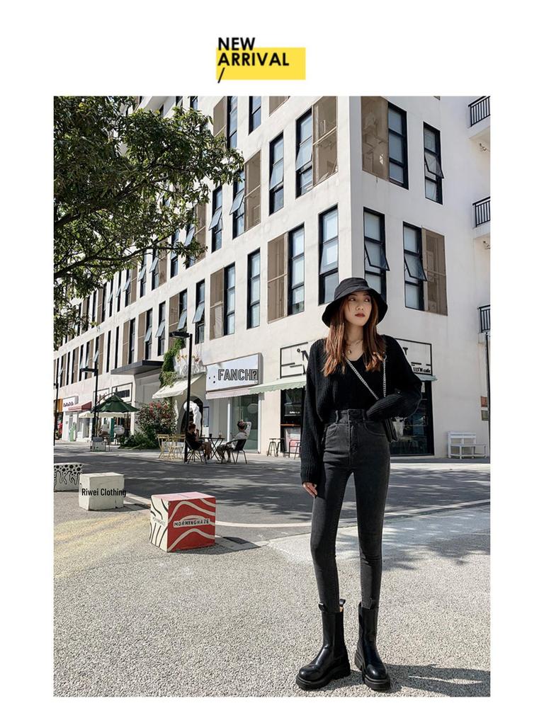 2025 Frühling Damen High-Waist Slim Fit Rauchgraue Fleecegefütterte Bleistiftjeans