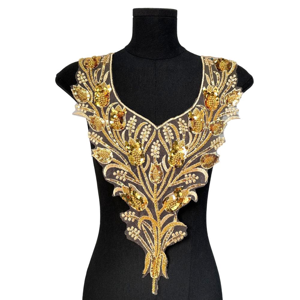 Gold Sequined V-neck Applique Embroidered Lace Fabric Applique  Garment Decoration A