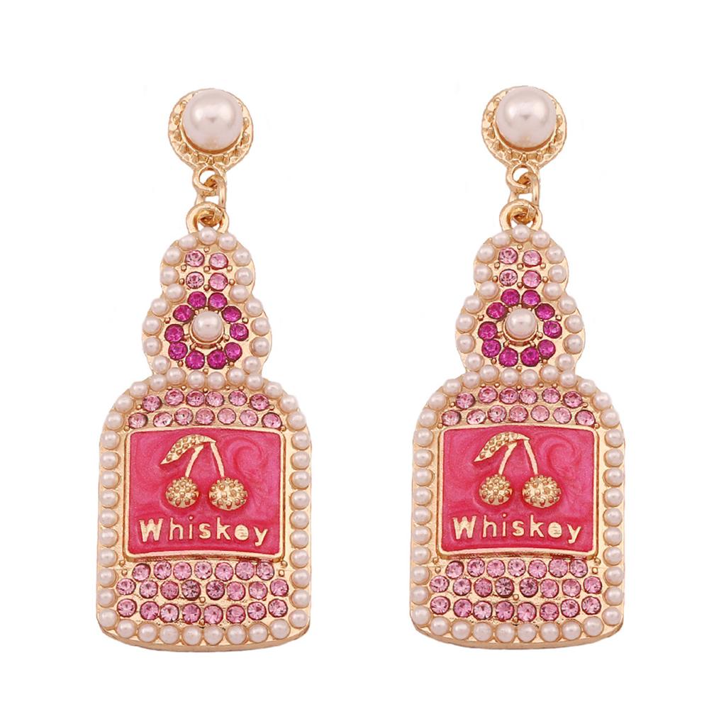 European and American New Fashion Light Luxury Gorgeous Style Temperament Geometric Wine Bottle Cherry Alloy Diamond Pearl Earrings