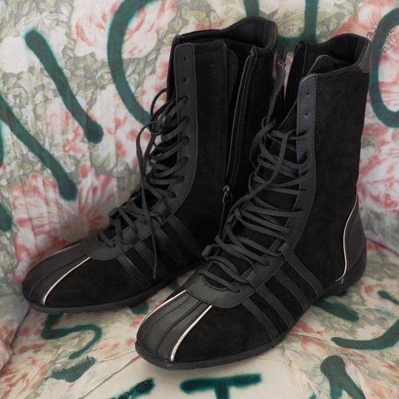 Fashion Low Heel Single Boots Autumn New Round Toe Spliced Front Lace-Up Side Zipper Anti-Slip Wear-Resistant Mid-Tumble Boots