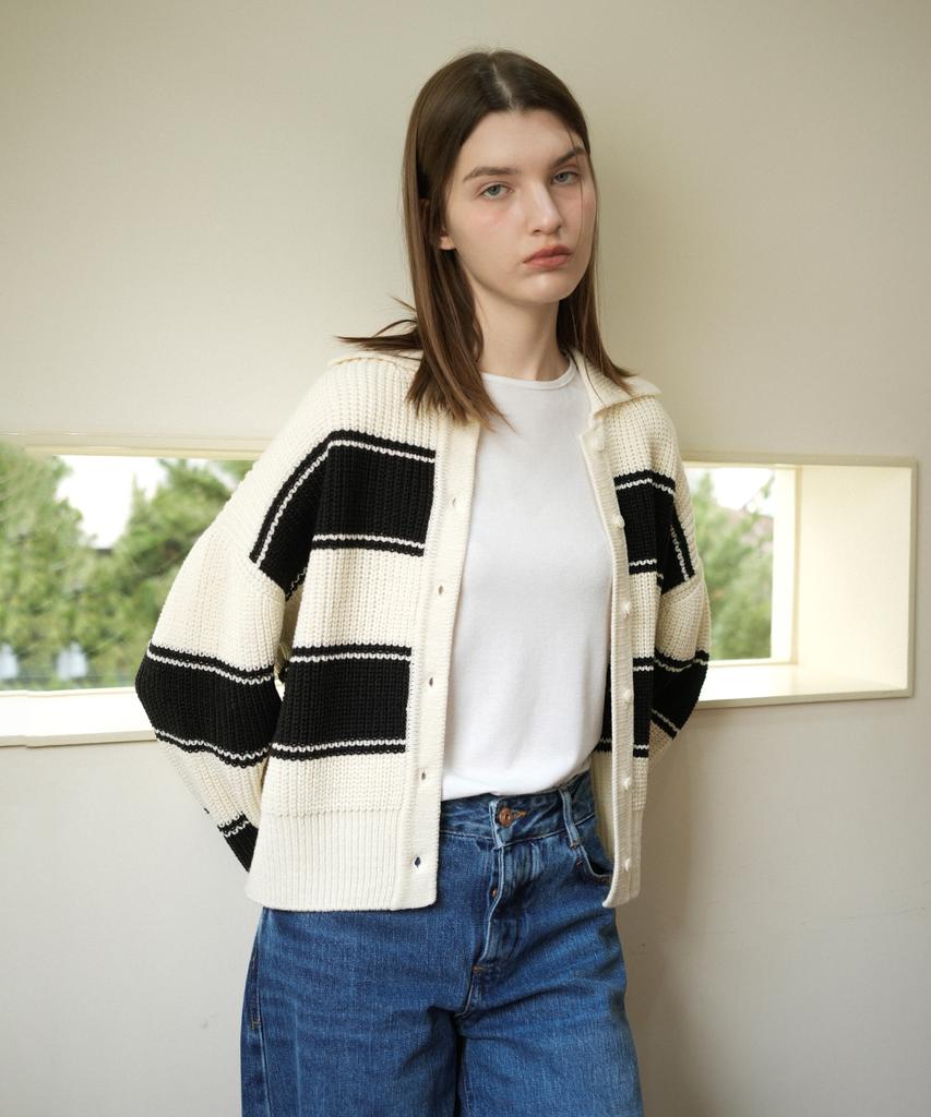 Vleti Wool Stripe Collar Knit Cardigan (Cream)
