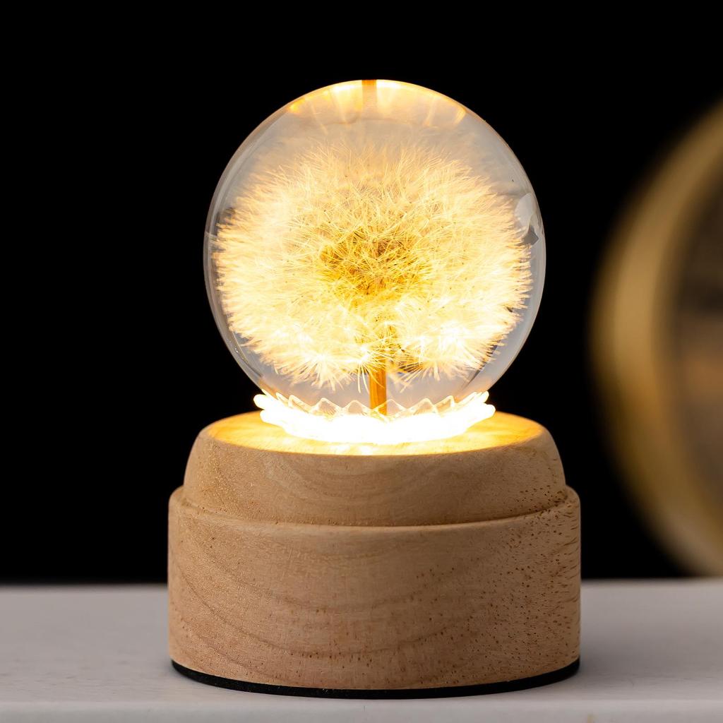 Dandelion Crystal Ball Night Light with 3D Carving and Solid Wood Base
