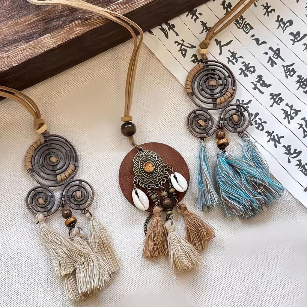 Leather rope wooden bead pendant necklace niche retro temperament collarbone chain light luxury ethnic style versatile jewelry women