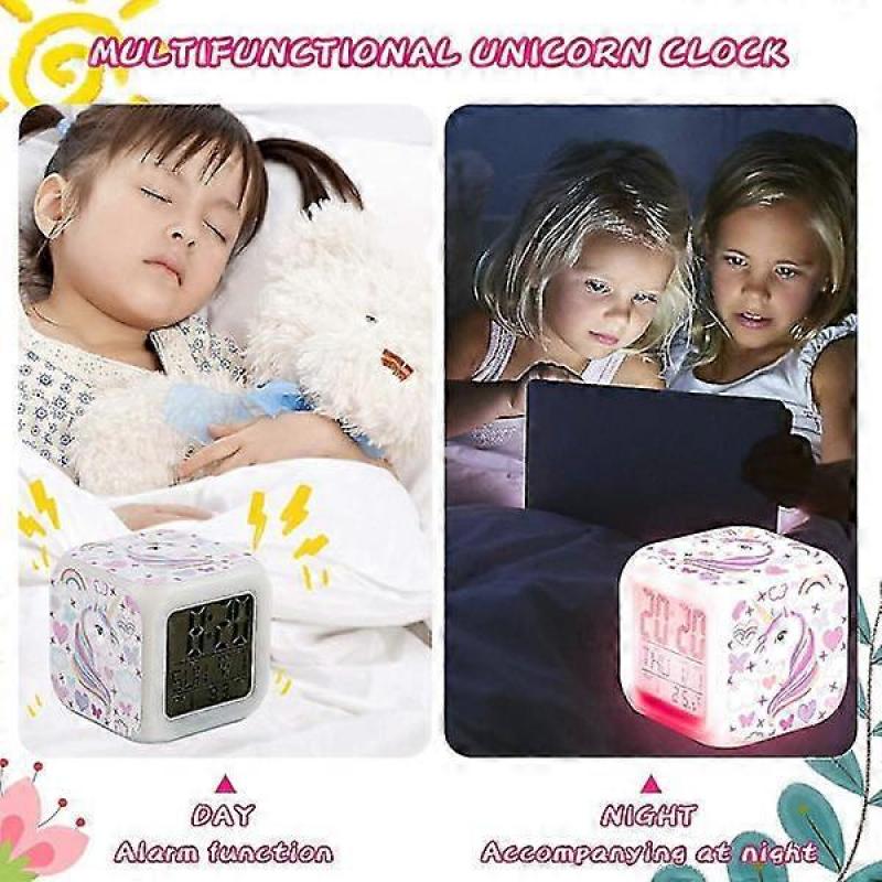 Alarm Clock for Girls, Unicorn Night Light Kids Alarm Clock with 4-sided Unicorn Pattern & 9 Kinds of LED Glowing Bedside Alarm Clock